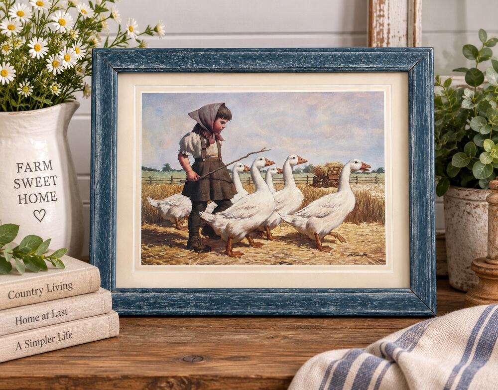 Vintage Arthur Sarnoff “The Goose Girl” Framed Print Geese Farm Cottagecore